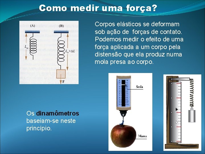 Como medir uma força? Corpos elásticos se deformam sob ação de forças de contato. Como medir uma força? Corpos elásticos se deformam sob ação de forças de contato.