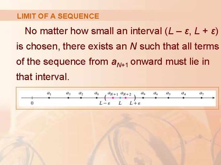 LIMIT OF A SEQUENCE No matter how small an interval (L – ε, L