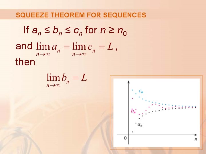 SQUEEZE THEOREM FOR SEQUENCES If an ≤ bn ≤ cn for n ≥ n