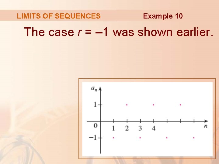 LIMITS OF SEQUENCES Example 10 The case r = – 1 was shown earlier. LIMITS OF SEQUENCES Example 10 The case r = – 1 was shown earlier.