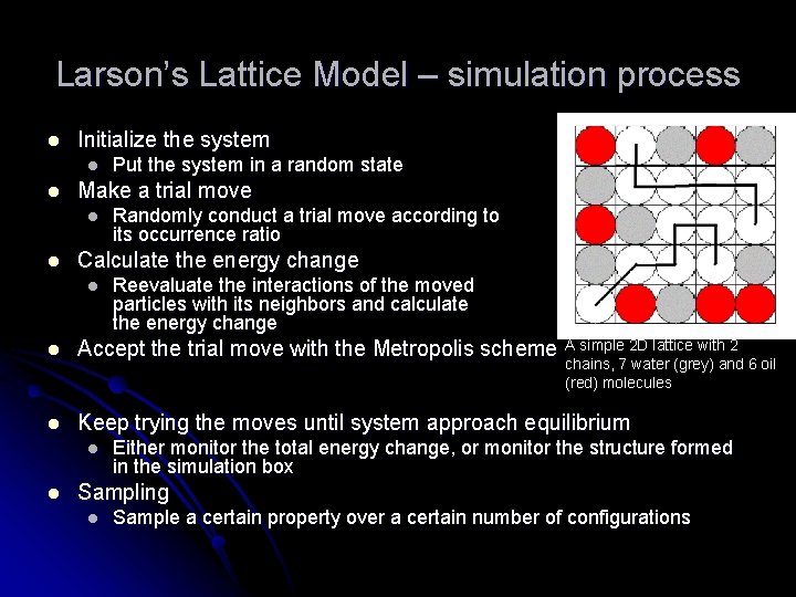 Larson’s Lattice Model – simulation process l Initialize the system l l Make a