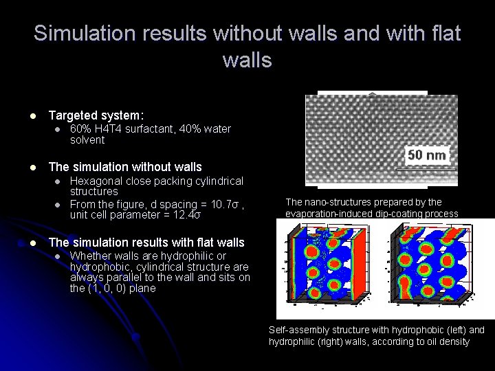 Simulation results without walls and with flat walls l Targeted system: l l The