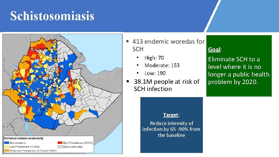 Schistosomiasis § 413 endemic woredas for SCH Goal: • High: 70 Eliminate SCH to