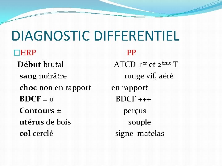 DIAGNOSTIC DIFFERENTIEL �HRP PP Début brutal ATCD 1 er et 2ème T sang noirâtre