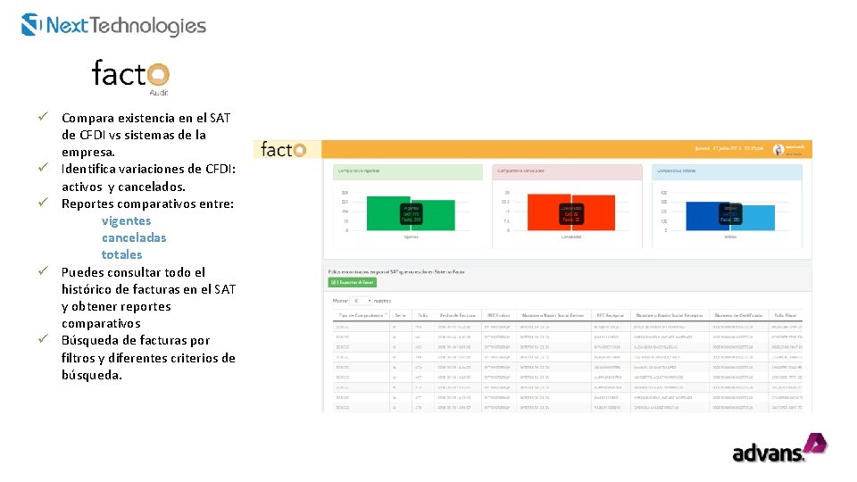 ü Compara existencia en el SAT de CFDI vs sistemas de la empresa. ü ü Compara existencia en el SAT de CFDI vs sistemas de la empresa. ü