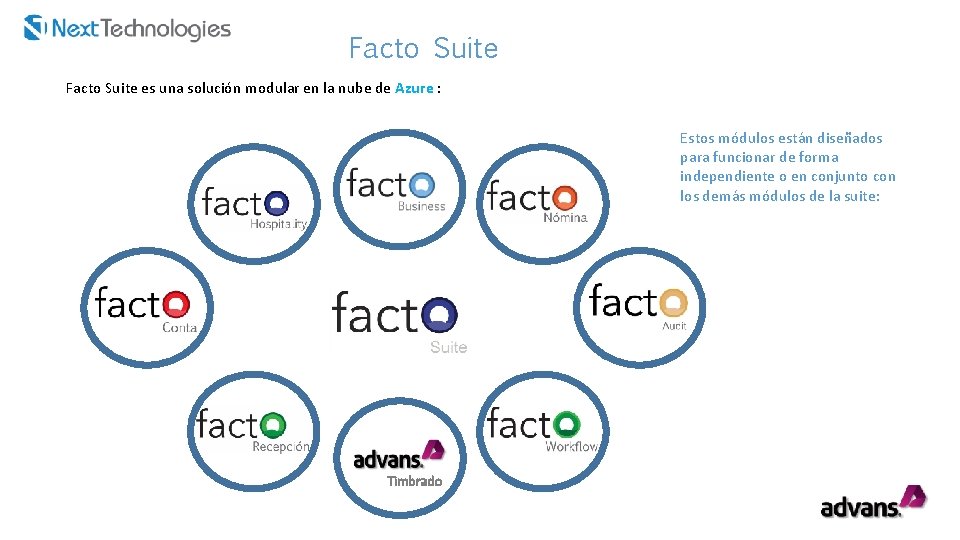 Facto Suite es una solución modular en la nube de Azure : Estos módulos Facto Suite es una solución modular en la nube de Azure : Estos módulos