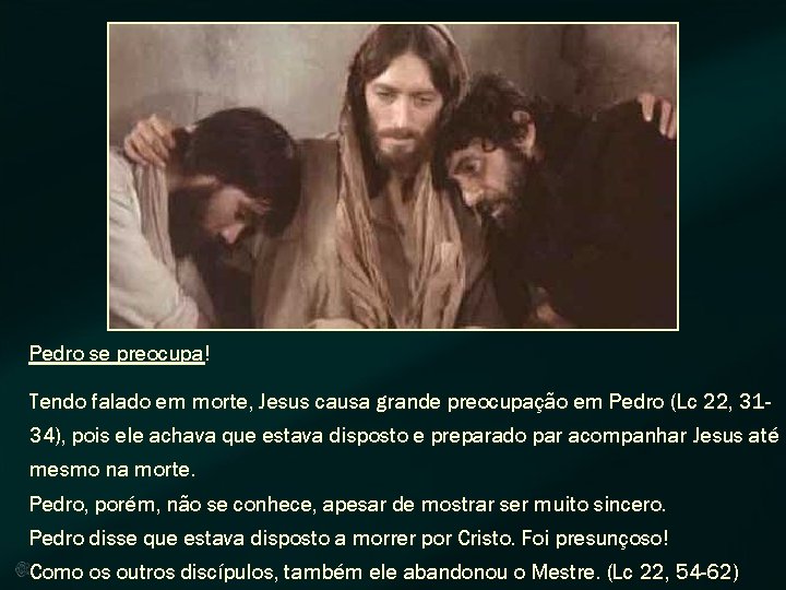 Pedro se preocupa! Tendo falado em morte, Jesus causa grande preocupação em Pedro (Lc Pedro se preocupa! Tendo falado em morte, Jesus causa grande preocupação em Pedro (Lc