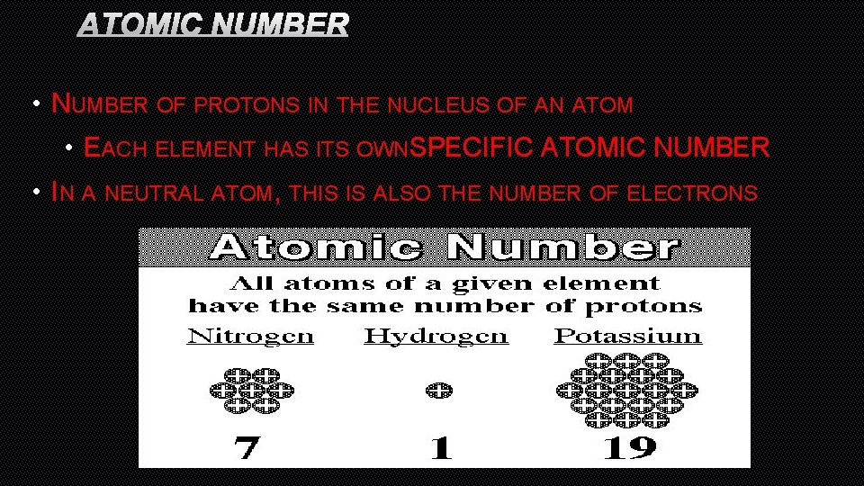 ATOMIC NUMBER • NUMBER OF PROTONS IN THE NUCLEUS OF AN ATOM • EACH