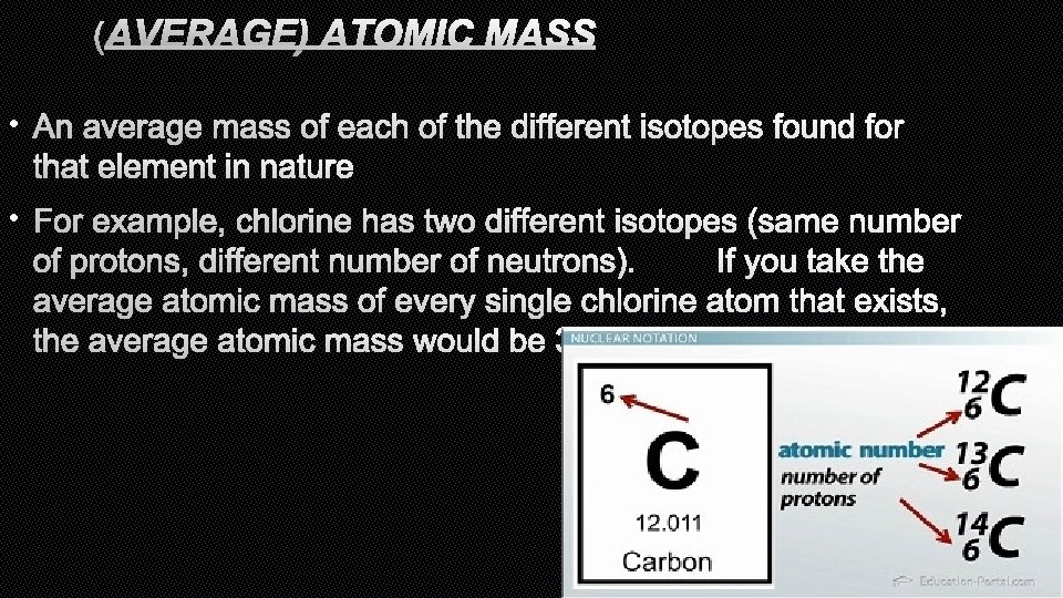 (AVERAGE) ATOMIC MASS • AN AVERAGE MASS OF EACH OF THE DIFFERENT ISOTOPES FOUND