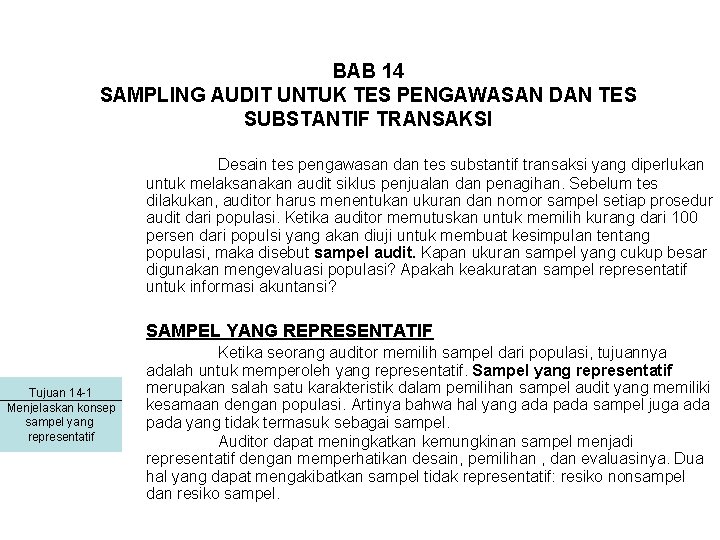 BAB 14 SAMPLING AUDIT UNTUK TES PENGAWASAN DAN TES SUBSTANTIF TRANSAKSI Desain tes pengawasan