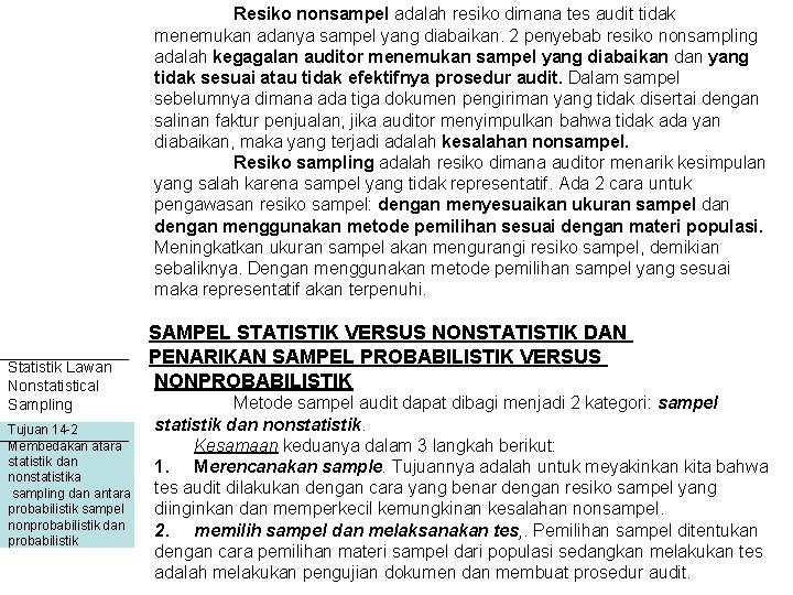 Resiko nonsampel adalah resiko dimana tes audit tidak menemukan adanya sampel yang diabaikan. 2