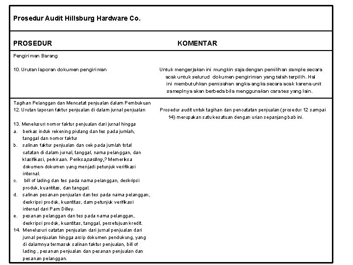 Prosedur Audit Hillsburg Hardware Co. PROSEDUR KOMENTAR Pengiriman Barang 10. Urutan laporan dokumen pengiriman