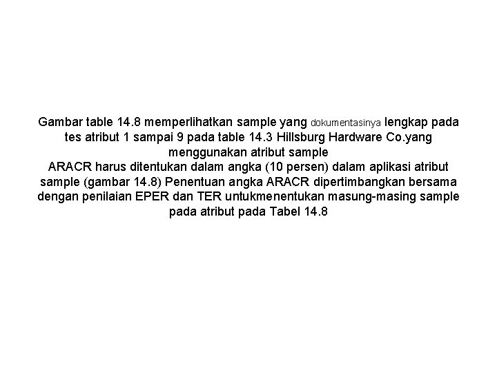 Gambar table 14. 8 memperlihatkan sample yang dokumentasinya lengkap pada tes atribut 1 sampai