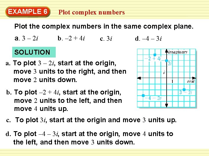 Warm-Up 6 Exercises EXAMPLE Plot complex numbers Plot the complex numbers in the same