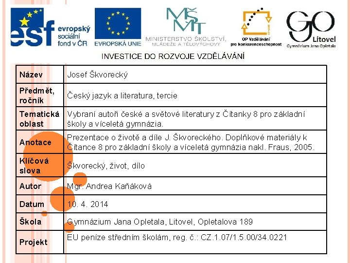 Název Josef Škvorecký Předmět, ročník Český jazyk a literatura, tercie Tematická Vybraní autoři české