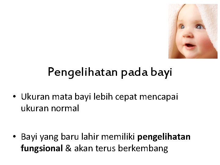 Pengelihatan pada bayi • Ukuran mata bayi lebih cepat mencapai ukuran normal • Bayi