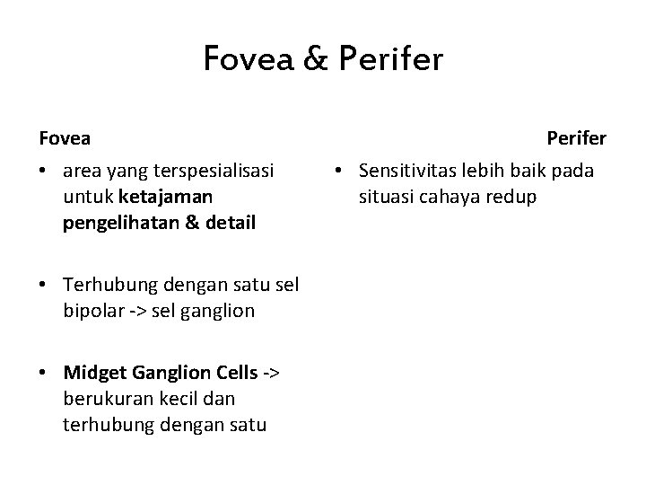 Fovea & Perifer Fovea • area yang terspesialisasi untuk ketajaman pengelihatan & detail •