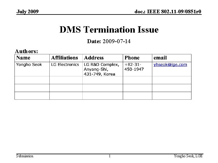 July 2009 doc. : IEEE 802. 11 -09/0851 r 0 DMS Termination Issue Date: