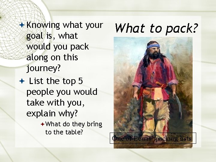  Knowing what your goal is, what would you pack along on this journey?
