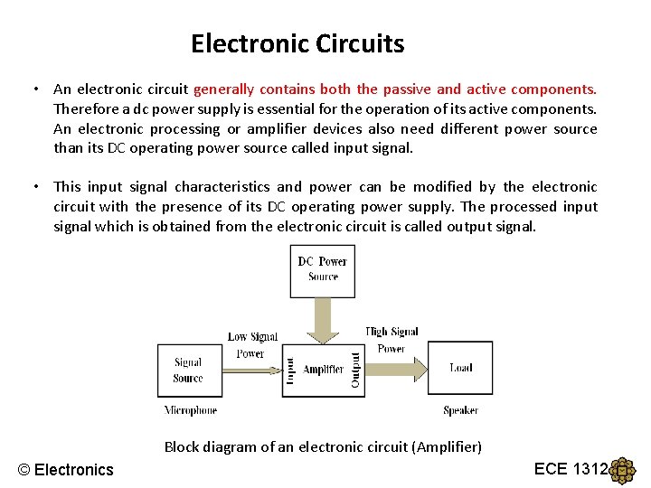 Electronic Circuits • An electronic circuit generally contains both the passive and active components.