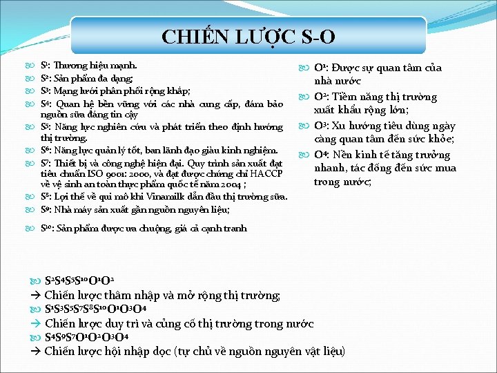 CHIẾN LƯỢC S-O S 1: Thương hiệu mạnh. S 2: Sản phẩm đa dạng;