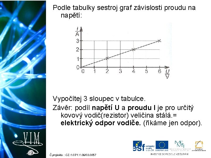 Podle tabulky sestroj graf závislosti proudu na napětí: Vypočítej 3 sloupec v tabulce. Závěr: