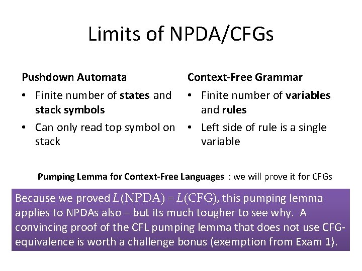 Limits of NPDA/CFGs Pushdown Automata Context-Free Grammar • Finite number of states and •