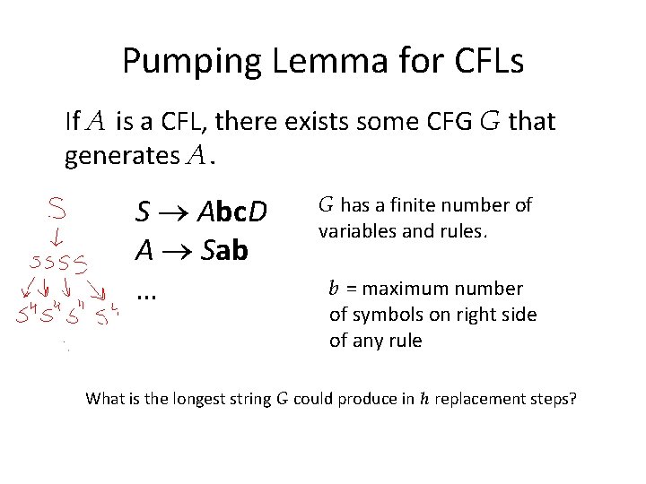 Pumping Lemma for CFLs If A is a CFL, there exists some CFG G