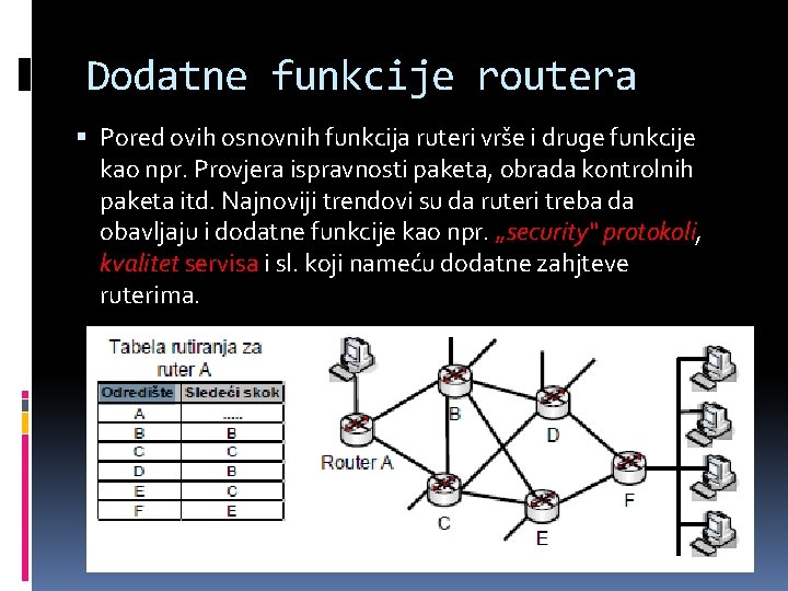 Dodatne funkcije routera Pored ovih osnovnih funkcija ruteri vrše i druge funkcije kao npr. Dodatne funkcije routera Pored ovih osnovnih funkcija ruteri vrše i druge funkcije kao npr.