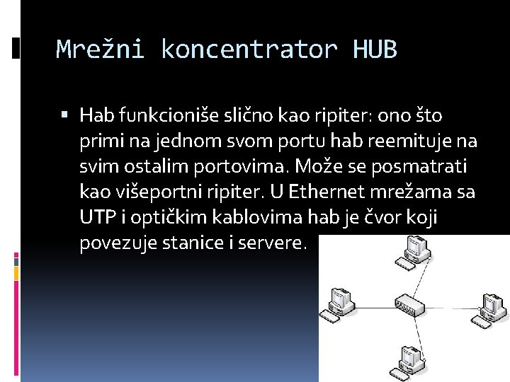 Mrežni koncentrator HUB Hab funkcioniše slično kao ripiter: ono što primi na jednom svom