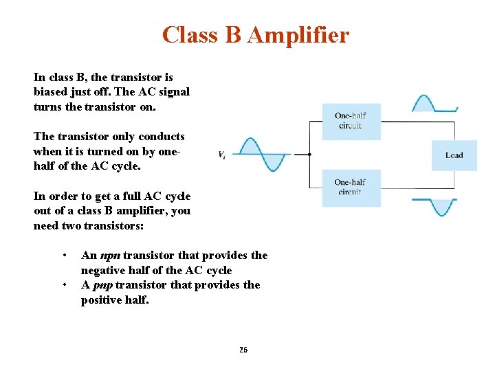 Class B Amplifier In class B, the transistor is biased just off. The AC