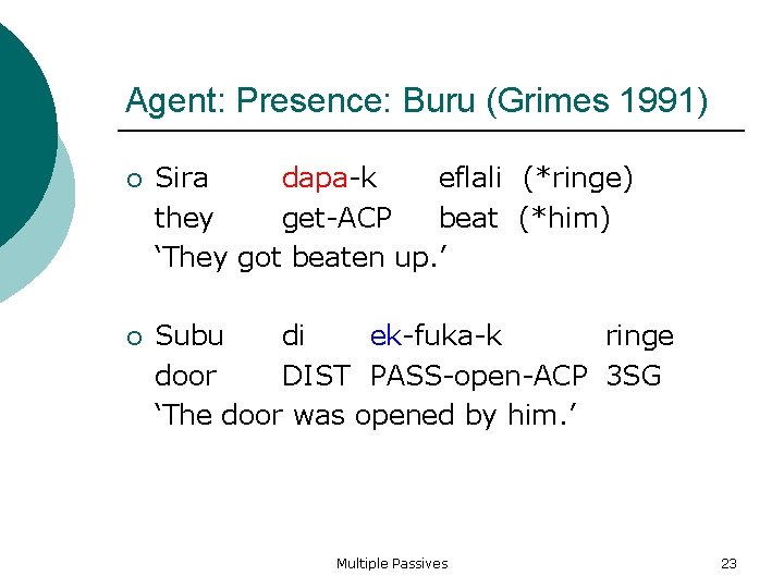 Agent: Presence: Buru (Grimes 1991) Sira dapa-k eflali (*ringe) they get-ACP beat (*him) ‘They