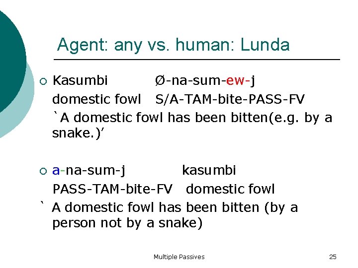 Agent: any vs. human: Lunda Kasumbi Ø-na-sum-ew-j domestic fowl S/A-TAM-bite-PASS-FV `A domestic fowl has