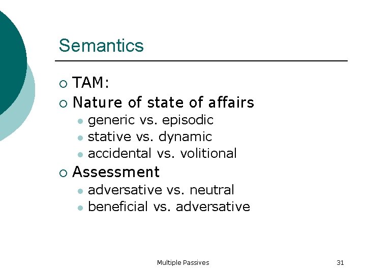 Semantics TAM: Nature of state of affairs generic vs. episodic stative vs. dynamic accidental