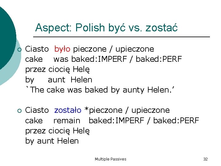 Aspect: Polish być vs. zostać Ciasto było pieczone / upieczone cake was baked: IMPERF