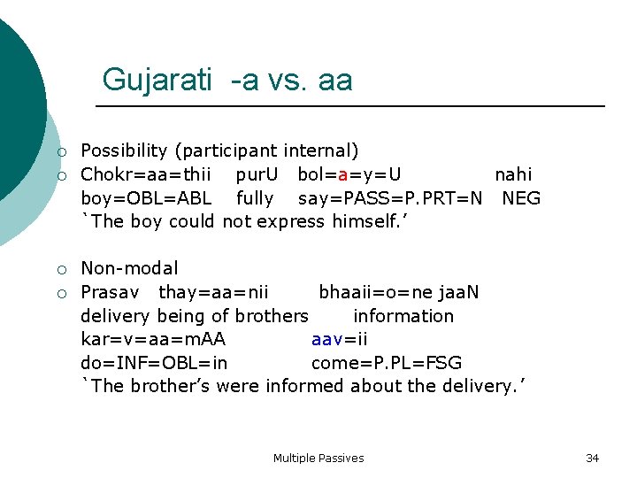 Gujarati -a vs. aa Possibility (participant internal) Chokr=aa=thii pur. U bol=a=y=U nahi boy=OBL=ABL fully