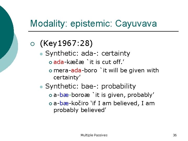 Modality: epistemic: Cayuvava (Key 1967: 28) Synthetic: ada-: certainty ada-kæčæ `it is cut off.