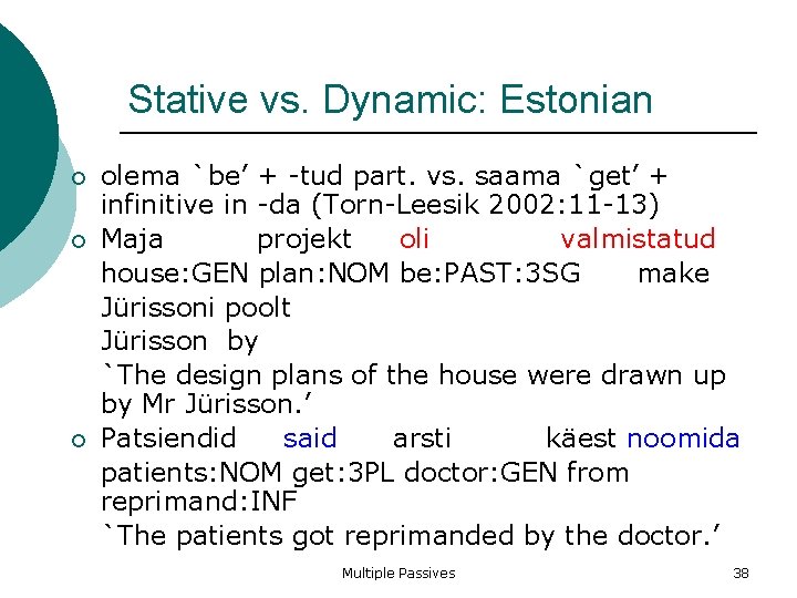 Stative vs. Dynamic: Estonian olema `be’ + -tud part. vs. saama `get’ + infinitive