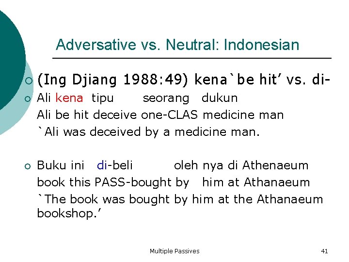 Adversative vs. Neutral: Indonesian (Ing Djiang 1988: 49) kena`be hit’ vs. di- Ali kena