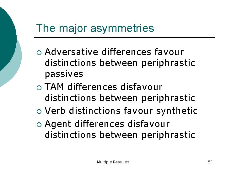 The major asymmetries Adversative differences favour distinctions between periphrastic passives TAM differences disfavour distinctions