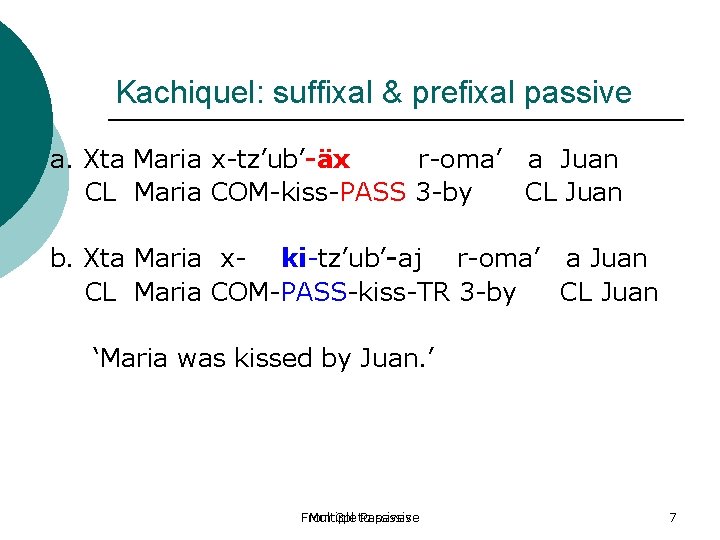 Kachiquel: suffixal & prefixal passive a. Xta Maria x-tz’ub’-äx r-oma’ a Juan CL Maria