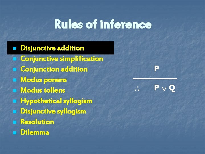 Rules of inference n n n n n Disjunctive addition Conjunctive simplification Conjunction addition Rules of inference n n n n n Disjunctive addition Conjunctive simplification Conjunction addition
