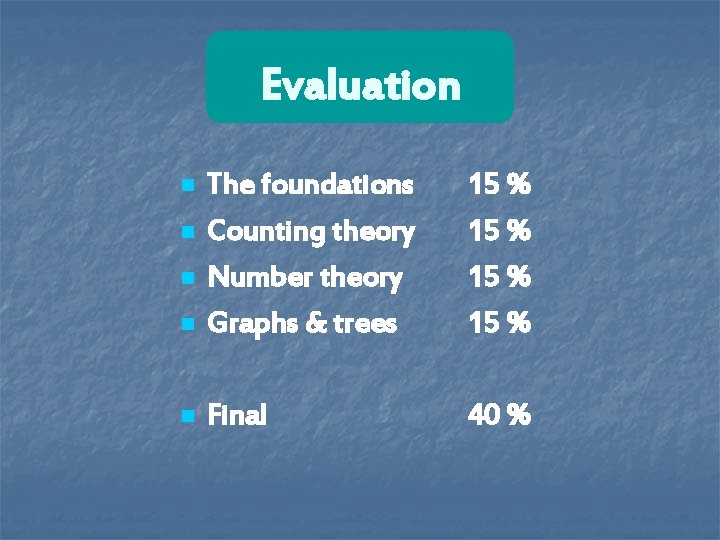 Evaluation n The foundations Counting theory Number theory Graphs & trees 15 % n Evaluation n The foundations Counting theory Number theory Graphs & trees 15 % n