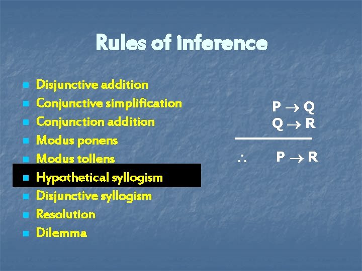 Rules of inference n n n n n Disjunctive addition Conjunctive simplification Conjunction addition Rules of inference n n n n n Disjunctive addition Conjunctive simplification Conjunction addition