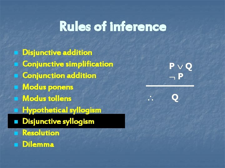 Rules of inference n n n n n Disjunctive addition Conjunctive simplification Conjunction addition Rules of inference n n n n n Disjunctive addition Conjunctive simplification Conjunction addition