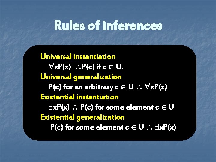 Rules of inferences Universal instantiation x. P(x) P(c) if c U. Universal generalization P(c) Rules of inferences Universal instantiation x. P(x) P(c) if c U. Universal generalization P(c)