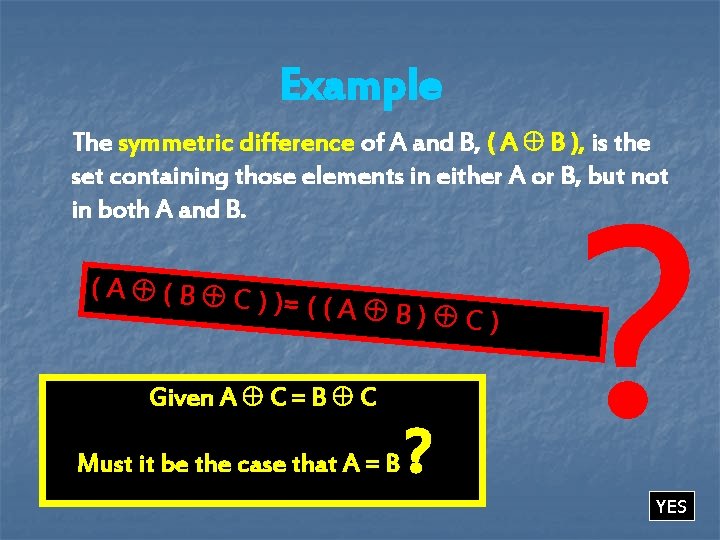Example The symmetric difference of A and B, ( A B ), is the Example The symmetric difference of A and B, ( A B ), is the