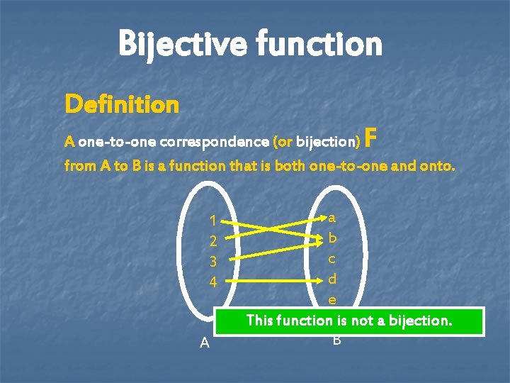 Bijective function Definition F A one-to-one correspondence (or bijection) from A to B is Bijective function Definition F A one-to-one correspondence (or bijection) from A to B is