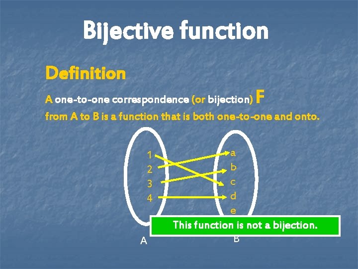 Bijective function Definition F A one-to-one correspondence (or bijection) from A to B is Bijective function Definition F A one-to-one correspondence (or bijection) from A to B is