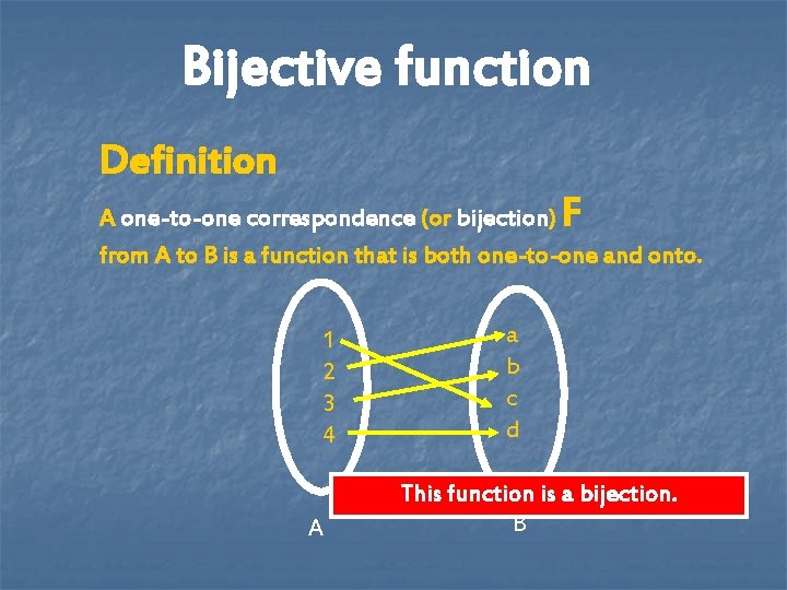 Bijective function Definition F A one-to-one correspondence (or bijection) from A to B is Bijective function Definition F A one-to-one correspondence (or bijection) from A to B is